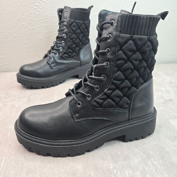 WM Grunge Combat Boots Womens 9 Black Faux Leather Quilted Lace Up Lug Booties - Picture 1 of 12